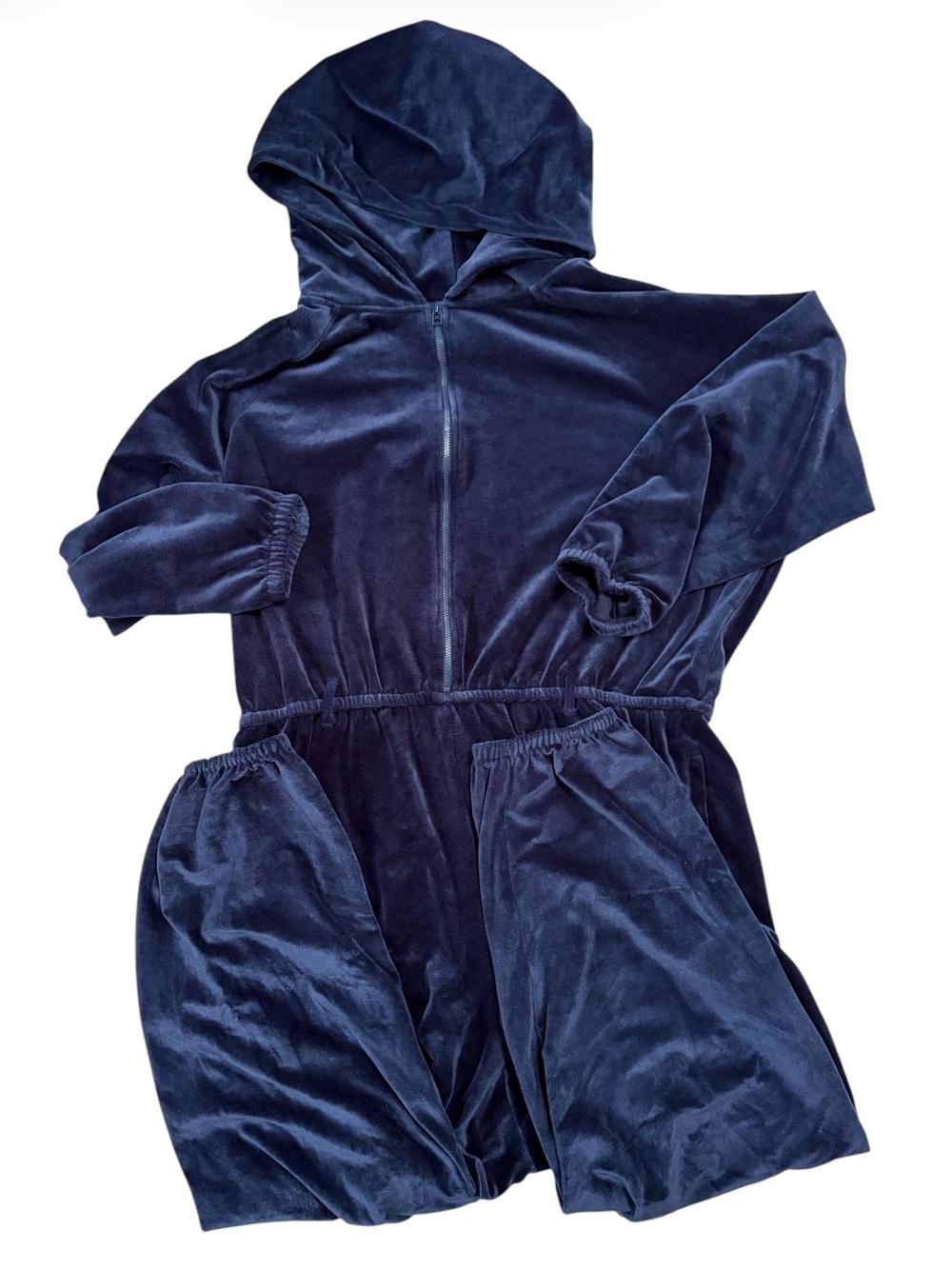 Anthropologie Saturday Sunday
Cozy Velvet hooded Jumpsuit navy blue rib 1X